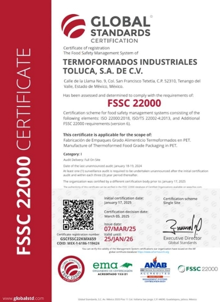 Certificación de Empaques Termoformados, TITSA